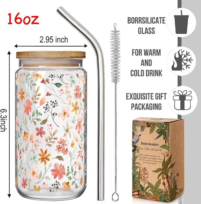 Floral Iced Glass Cups with Bamboo Lids and Straws 16oz Wildflower Coffee Cup - Image 5