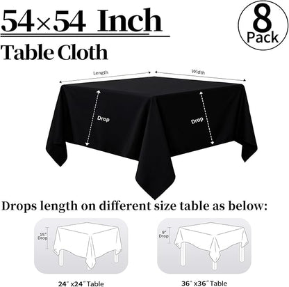 8 Pack Black Square Tablecloth 54x54 Washable Polyester Table Cloth for Square or Round Tables, Wrinkle Resistant Fabric Decorative Covers for Dining Party Banquet Buffet and Wedding