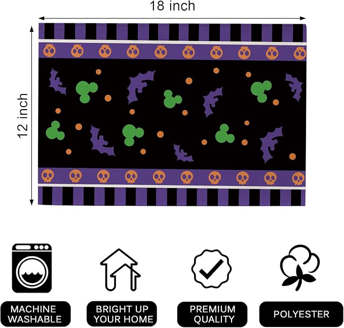 Seliem Purple Halloween Placemats Set of 4 | Bat Skull Polka Dot Dining Table - Image 2