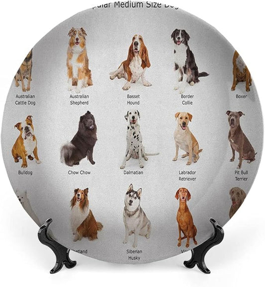 Decorative Plates, Dog Print Ornament, AGroup of Different Puppy Breeds Family Type Species, 8 Inch, Kitchen Wall Decor, Multi