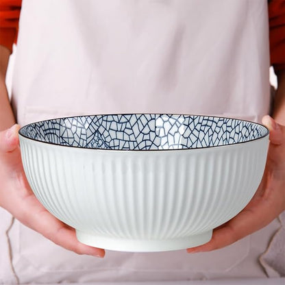 QINLANG Large Soup Bowls, Pho & Ramen Set of 3, 60 oz Blue & White Porcelain - Leaf Pattern