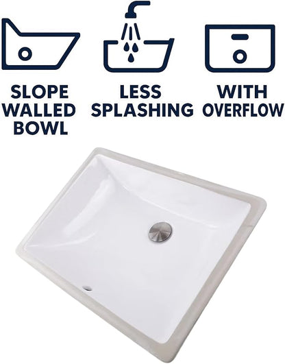 Nantucket Sinks Undermount Bathroom Sink – 18" x 13" Interior Rectangular Bowl, Ceramic Bath Sink for Vanity, w Overflow, High Gloss White Vitreous China, Scratch & Stain Resistant – UM-18x13-W