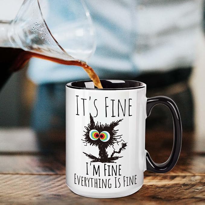 FALJIOK I'm Fine Everything is Fine Coffee Mug 15oz Funny Sarcastic Cat Mug - Image 2