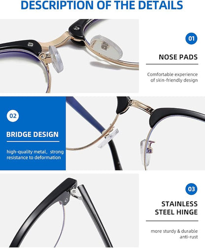 SOAR&EAGLE 3 Pack Blue Light Blocking Glasses,Computer Gaming Glasses,Retro Semi Rimless UV400 Clear Lens Computer Eyewear For Men/Women (Bright black gold/Amber gold/Crystal gold)