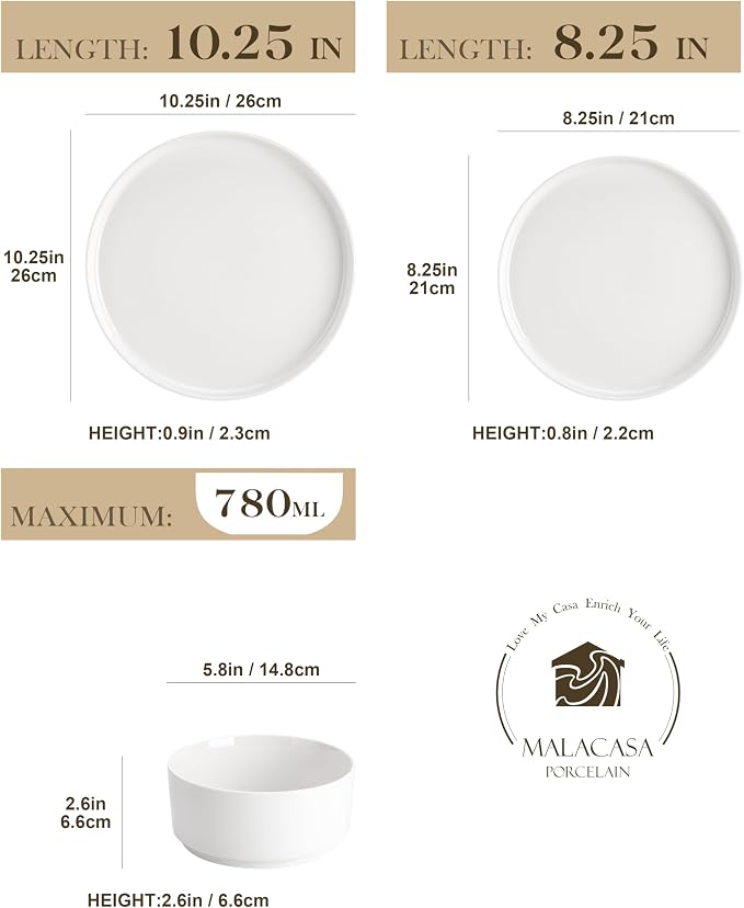 MALACASA 12 Pieces Porcelain Dinnerware Set, Modern White Dish Set - Image 2