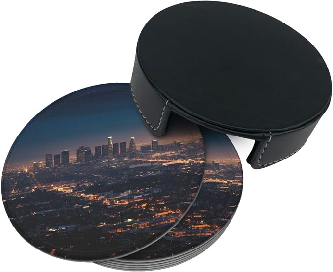 6Pcs PU Leather Coaster for Drinks, Los Angeles Skyline Cup Coasters - Image 8