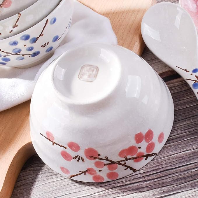 Japanese Rice Bowl Set of 4 Asian Style Hand-painted Floral Plum Ceramic Bowls - Image 3