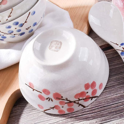 Japanese Rice Bowl Set of 4 Asian Style Hand-painted Floral Plum Ceramic Bowls - Image 3