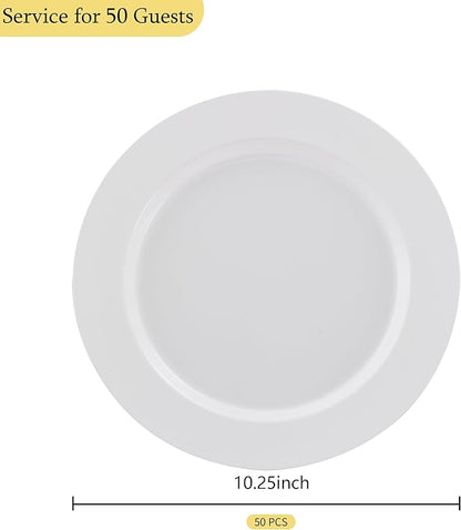 50 PCS White Plastic Plates for 50 Guests,10.25 inch Heavy Duty Disposable Plates for Wedding,Party,Birthday,Smooth Edge & Sturdy Dinner Plates