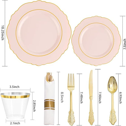 Liacere 350PCS Pink Plates Disposable-PinK Plates 50guest Baroque Plastic Dinnerware include 100Plates, 50Pack Pre Rolled Napkins with Silverware 50Cups Perfect for Valentine's Day＆Galentines Day