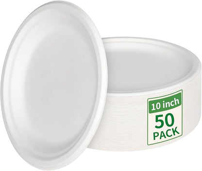Aricsen 50 Pack 10 Inch Compostable Disposable Round Paper Plates, Natural White Biodegradable Sugarcane Bagasse PFAS-Free Eco-Friendly Dinner Plates for Party Wedding Picnic BBQ (50, 10 INCH)