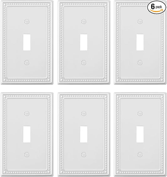 6-Pack Single Toggle Light Switch Cover Plate, Pearls Decorative Switch Plate Covers, Pure White 1 Gang Metal Wall Plate, Corrosion Resistant