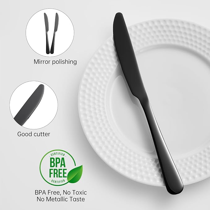 Butter knives set of 6 Stainless Steel dinner knives 9inch black silverware | - Image 3