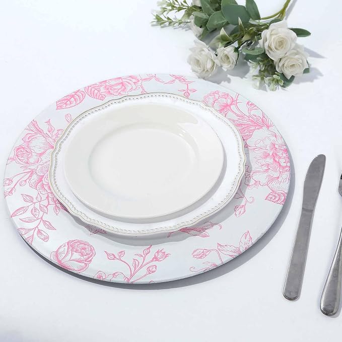 Efavormart 6 Pack White Pink Floral Acrylic Charger Plates in French Toile - Image 5