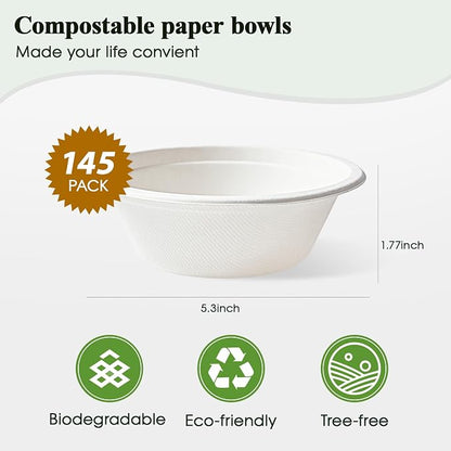 145 Pack 12 OZ Disposable Compostable Paper Bowls - Image 2