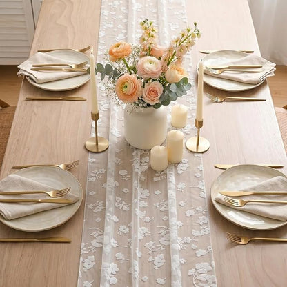 Artoid Mode White Gauze Flocking Flowers Table Runner 10FT, Seasonal Sheer - Image 3
