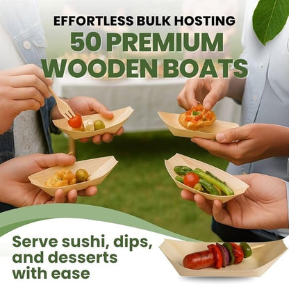 Dtocs 135mm Disposable Wooden Boat Plates 50 Pcs. Biodegradable Wood Serving Boats | Eco-Friendly Food Boats for Sushi, Desserts, Appetizers, Snacks | Alternate to Plastic, Bamboo, Paper Plates