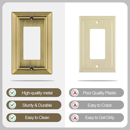 Metal Wall Plate for Electrical Outlets, Decorative Antique Brass Switch Plates Outlet Cover, Light Switch Cover Plate, 1-Gang Wall Plates (Single Decoretor, 6 Pack)