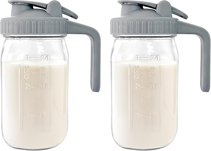 Breast Milk Pitcher, 32 oz Wide Mouth Glass Mason Jar | Dual Leak-Proof Lid by Junvpic