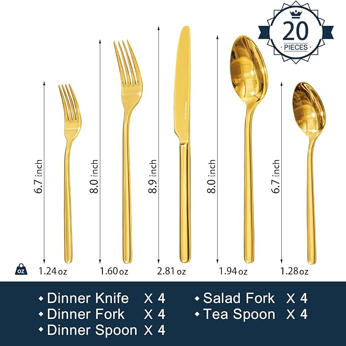 Gold Silverware Set, 20 Piece Flatware Cutlery Set - Image 2