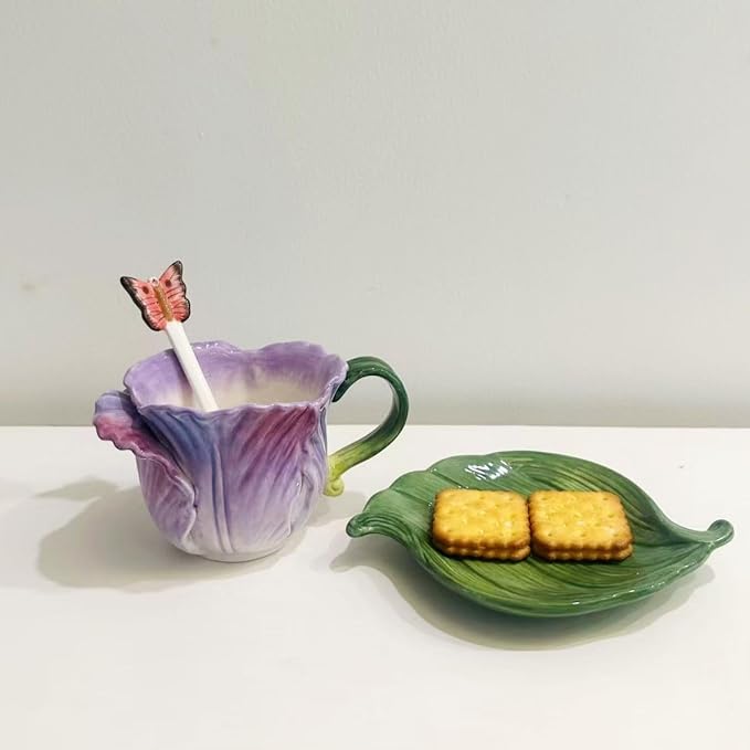 Ceramic Tea Cup and Saucer Set ，8OZ 3D Hand-Painted Flower Coffee Mug，Gift - Image 5