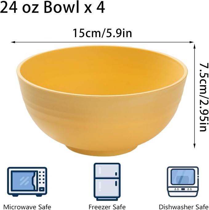 Unbreakable Wheat Straw Cereal Bowls Set of 4, 24 OZ Microwave and Dishwasher - Image 2