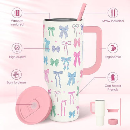 SANDJEST Bow 40oz Tumbler With Handle and Straw, Insulated Stainless Steel - Image 2