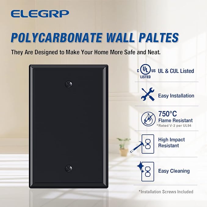 ELEGRP 1-Gang Blank Device Wall Plates, Mid-Size 4.88" H x 3.13" L Unbreakable Thermoplastic Blank Faceplate Cover for Unused Outlets/Switches, UL Listed (10 Pack, Glossy Black)