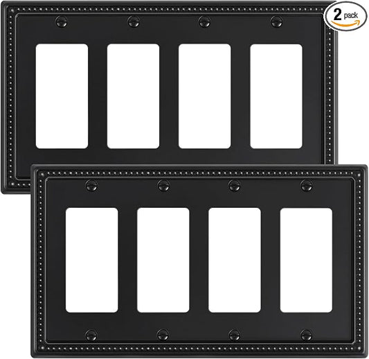 2-Pack Quad Decorator Outlet Cover Plate, Black Pearls Decorative Switch Plates and Outlet Covers, Metal Wall Plates for Electrical Outlets, Receptacle, GFCI Outlet, Dimmer Switch
