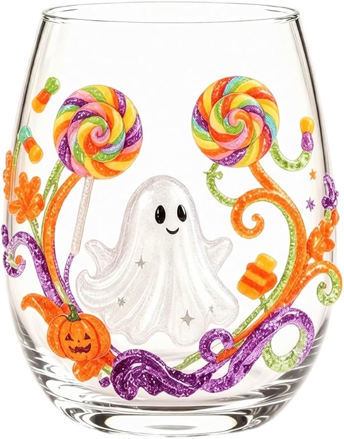 Halloween Printed Glass Cup, Ghost Pumpkin Themed Handleless Water Tumbler 15oz by Unknown