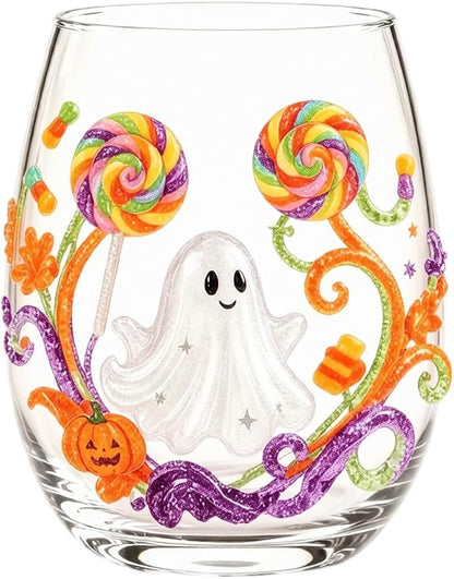 Halloween Printed Glass Cup, Ghost Pumpkin Themed Handleless Drinking Tumbler - Image 2