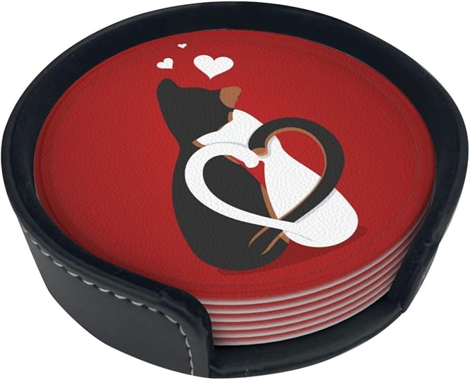 Drink Coasters with Holder Stand Set of 6, Valentine's Day Cat Pu Leather - Image 6