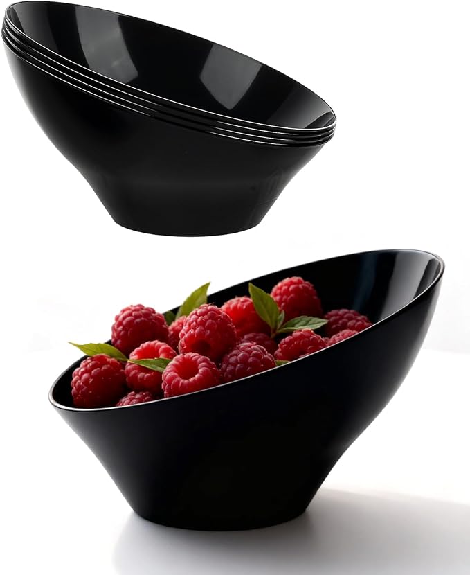 BESTVIP 20 Oz Black Plastic Angled Serving Bowls, 12 Pack | Disposable Bowls by Bestvip