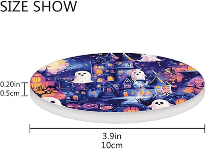 Coasters for Drinks Coaster Drink Set Decorative Coffee Table Desk Cup Mat Spring Cute Cork Bar Backing Round Home Decor Cartoon Halloween Bat Castle Ghost Pumpkin44