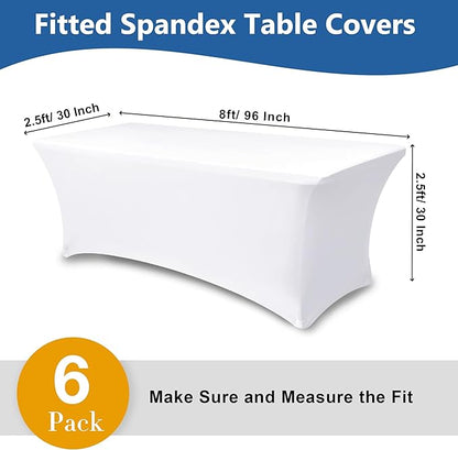 Spandex Table Cloths for 8 Foot Rectangle Tables-6 Pack Fitted Stretch White Table Covers-Elastic Folding Tablecloths for Party, Vendor Booth Display, Banquet Buffet Event, Craft Trade Show