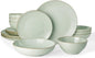 Famiware Jupiter Dinnerware Set with Pasta Bowl, Plates and Double Bowls Dish Sets for 4 (16 Pieces), Microwave and Dishwasher Safe Stoneware Tableware, Chip and Scratch Resistant, Light Green