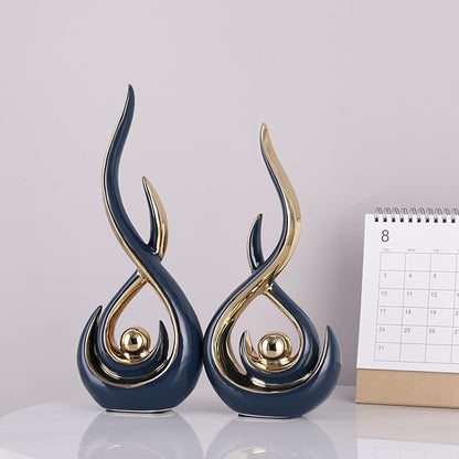 Ceramic Abstract 2 Piece Statue Set, Blue and Gold Home Decor Accents for Home Decor Statue Mantel Shelf Decor Unique Shelf Decor on Mantel, TV Cabinet Divider Table Top and Dining Table Centerpiece.