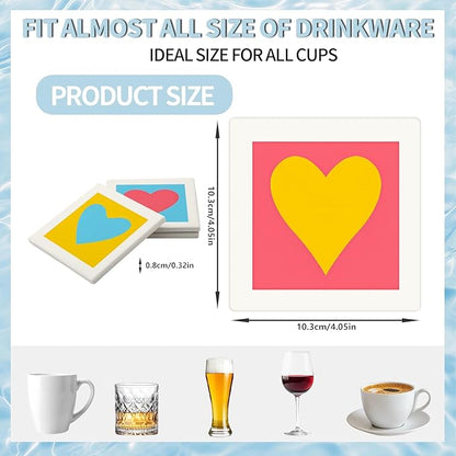 MAYCARI Love Hearts Printed Coasters Set of 6 Cork Backed Minimalist Aesthetic Coasters with Metal Holder Ceramic Surface Drink Cup Mats for Tabletop Protection Desk Decoration Valentine's Day Gifts