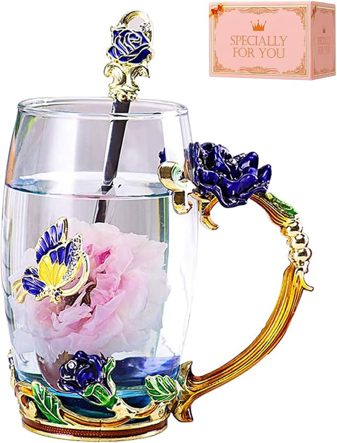 Enamel Glass Tea Cup Blue Rose Coffee Mug, Personalized Gifts by DasyFly
