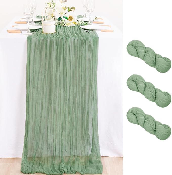 3 Pack Sage Green Cheesecloth Table Runner 10ft Boho Gauze Centerpiece | by MLMC