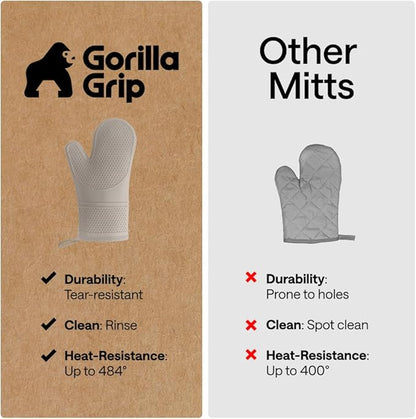 GORILLA GRIP BPA-Free Soft Silicone Oven Mitts, 14.5x8.3, Heat Resistant and Waterproof Cooking Gloves, Thick Cotton Lining, Flexible Gripping for Baking Grilling, Kitchen Potholders Set of 2, Almond