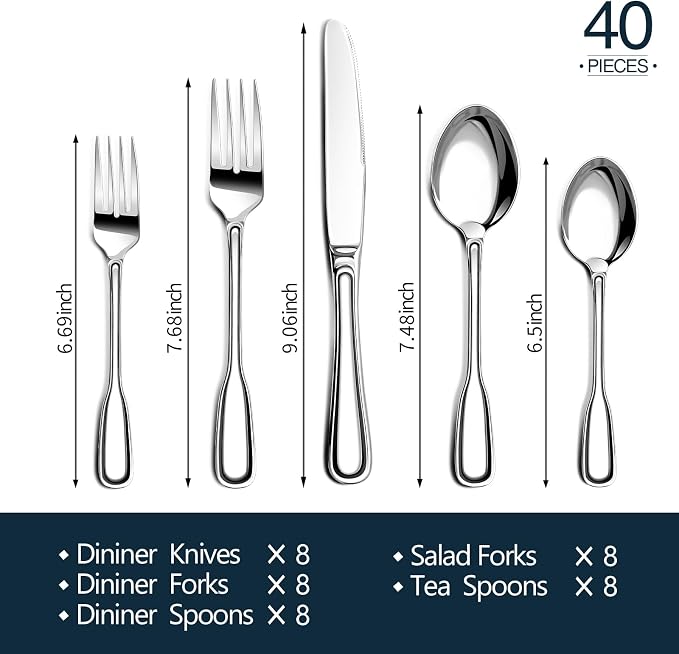 Silverware Set for 8, 40 Piece Utensils Stainless Steel Flatware Set | Boston - Image 6
