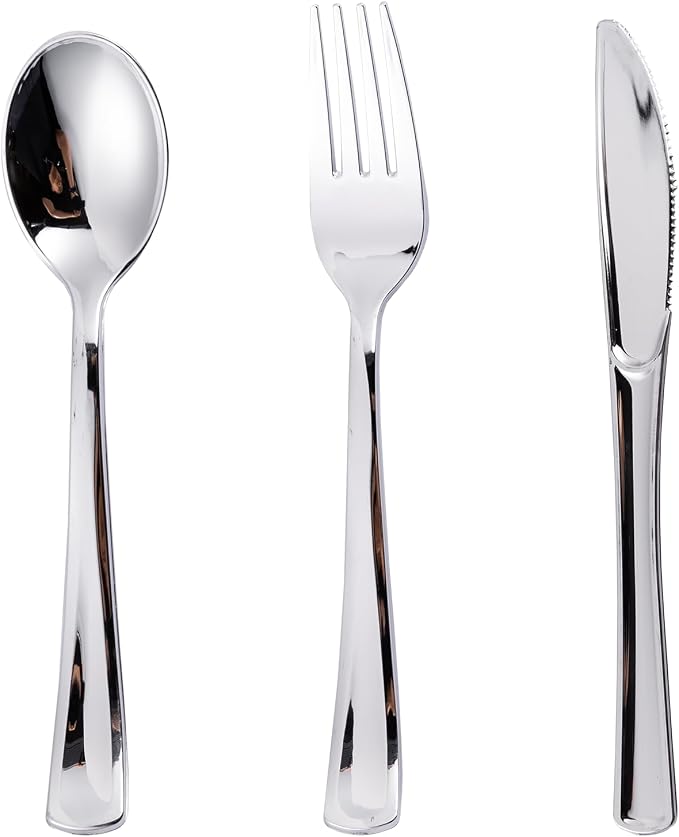 300PCS Silver Plastic Silverware, Disposable Utensils & Cutlery | 100 Forks by N9RTABLEWARE
