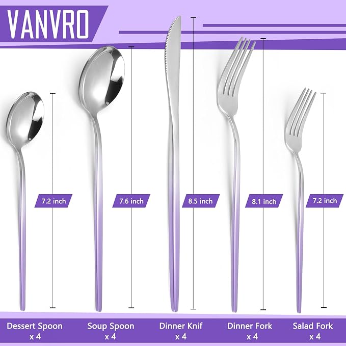 VANVRO Gradient Purple Silverware Set, 20-Piece Stainless Steel Flatware - Image 2