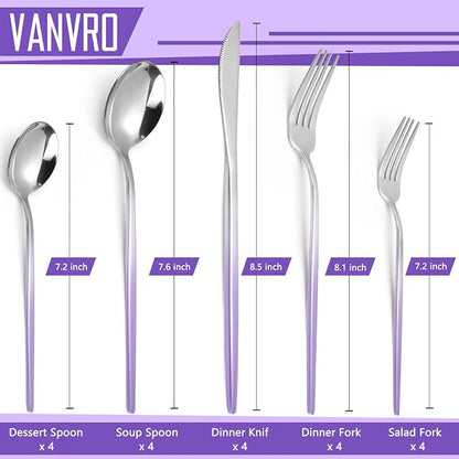 VANVRO Gradient Purple Silverware Set, 20-Piece Stainless Steel Flatware - Image 2