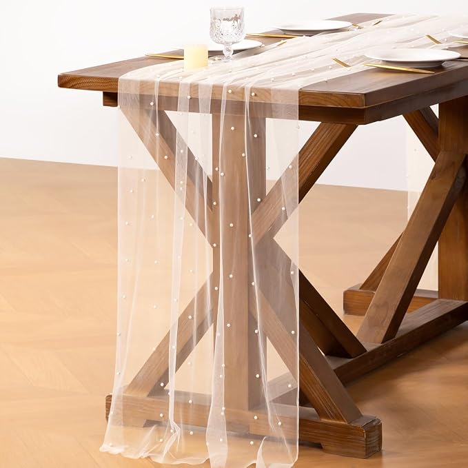 Pearl Table Runner Summer Tulle Gauze Sheer Wedding Party Home Decor | Ivory - Image 4