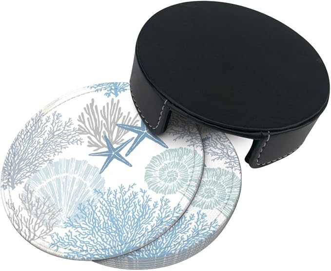 6 Pcs Sea Life Coral Starfish Print Blue Plant Leather Coasters - Image 5