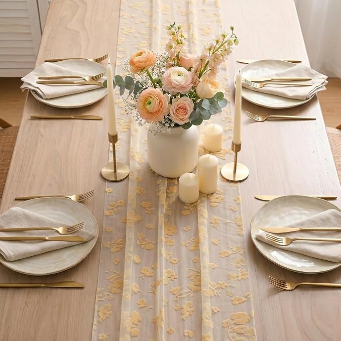 Artoid Mode Beige Gauze Flocking Flowers Table Runner 10FT, Seasonal Sheer - Image 3