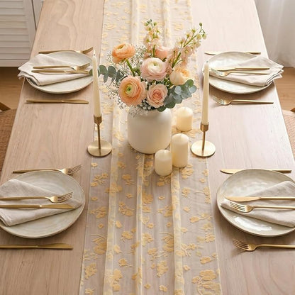 Artoid Mode Beige Gauze Flocking Flowers Table Runner 10FT, Seasonal Sheer - Image 3