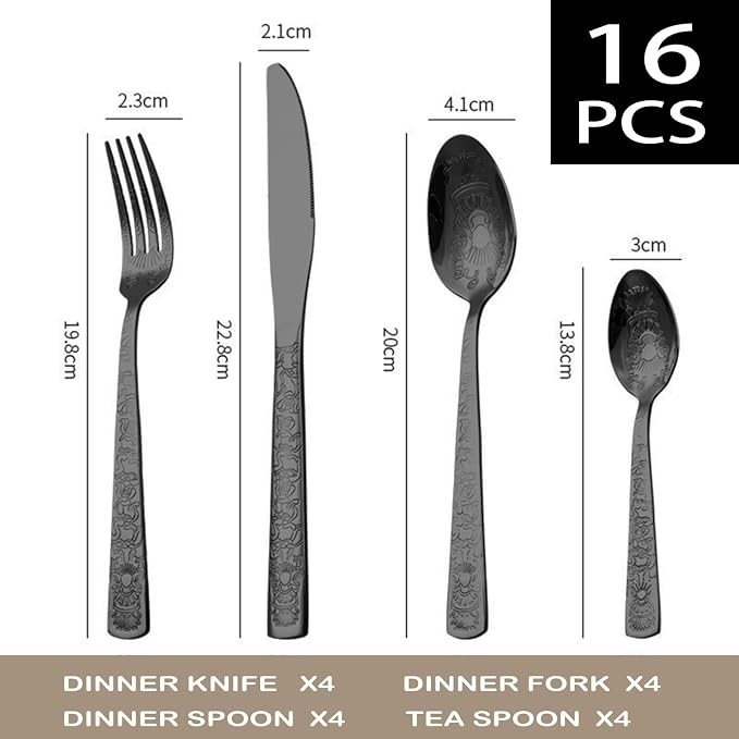 16 Pcs Black Floral Silverware Set - Image 2